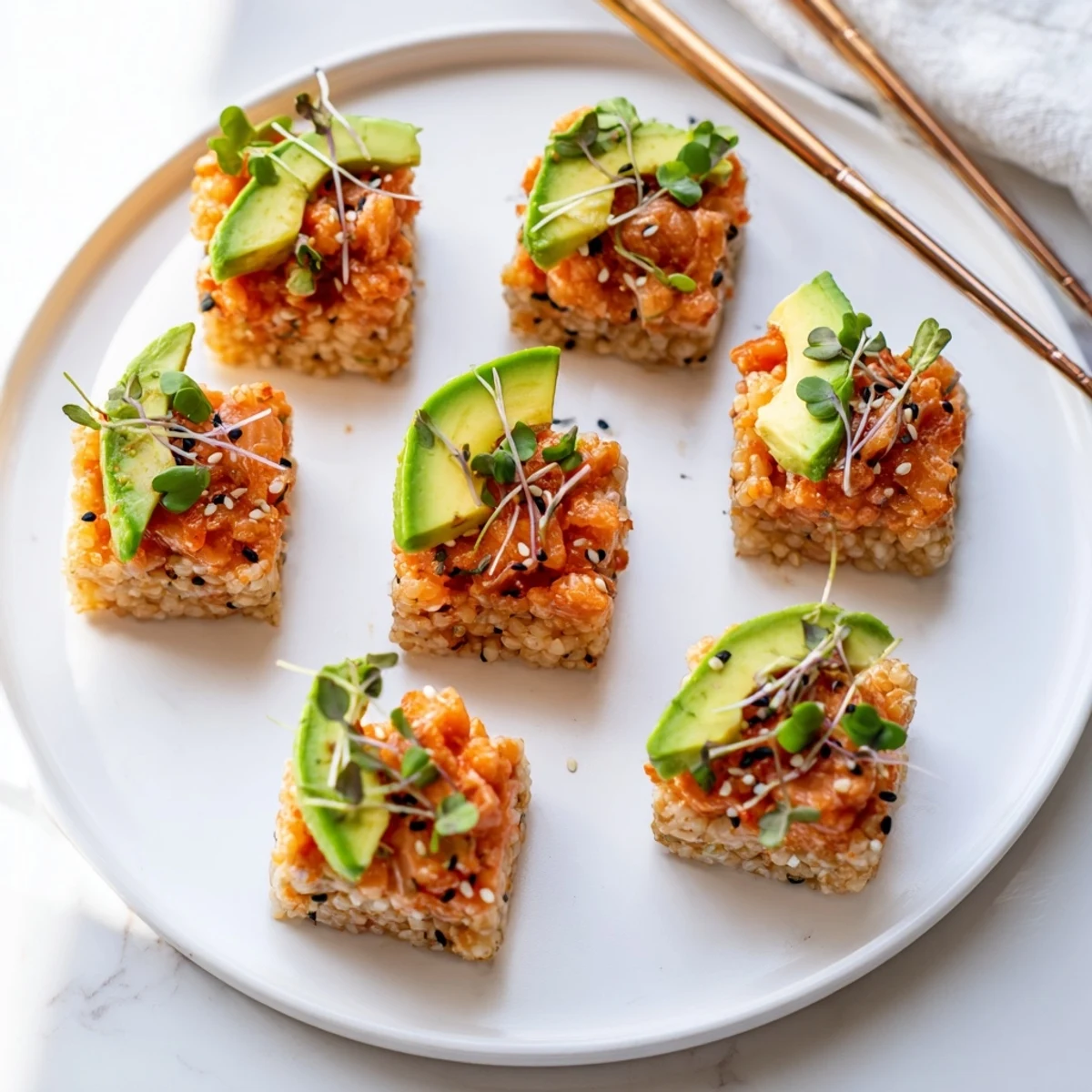Golden brown salmon crispy rice topped with spicy salmon, creamy avocado slices, and sesame seeds
