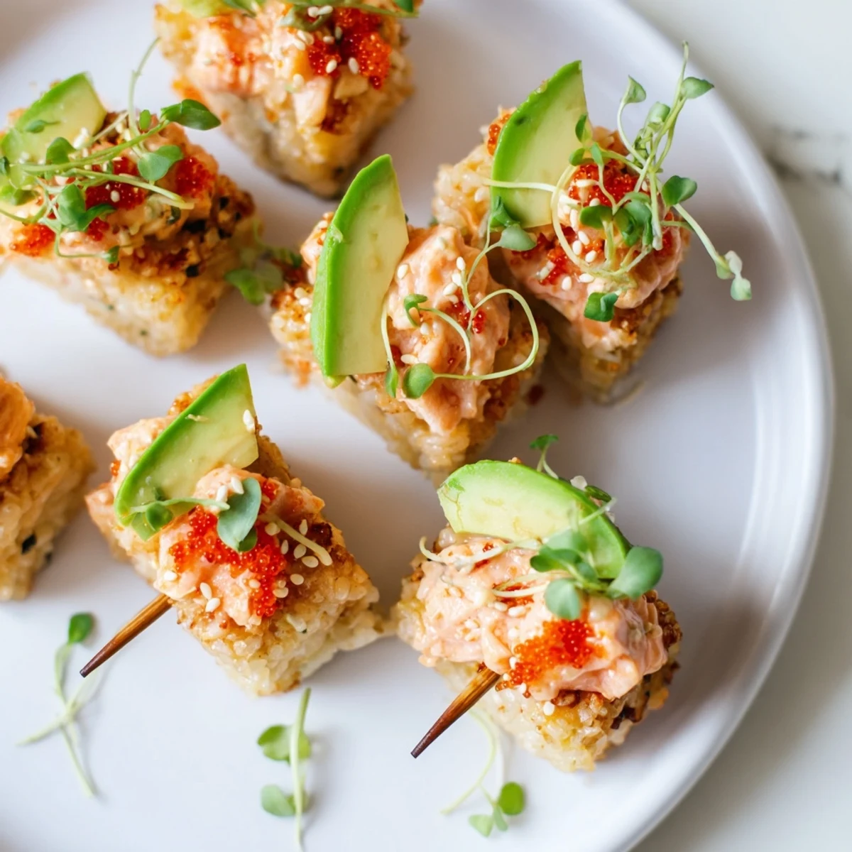 Japanese-inspired salmon crispy rice appetizer featuring fried rice squares with seasoned salmon and fresh garnish