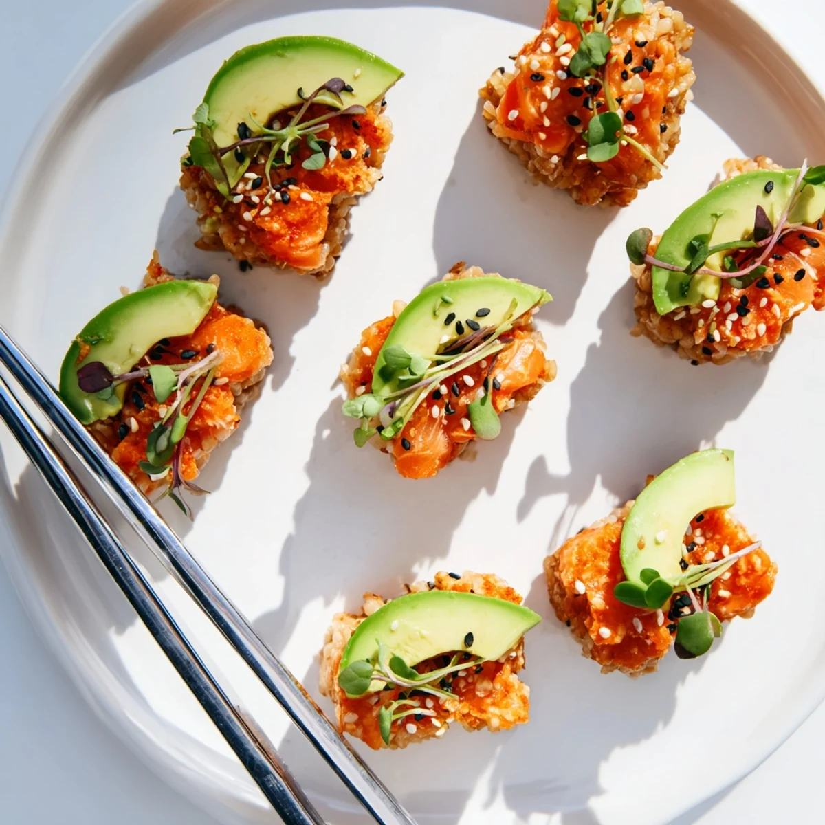 Crispy pan-fried rice squares piled high with spicy salmon mixture and thin avocado slices for serving