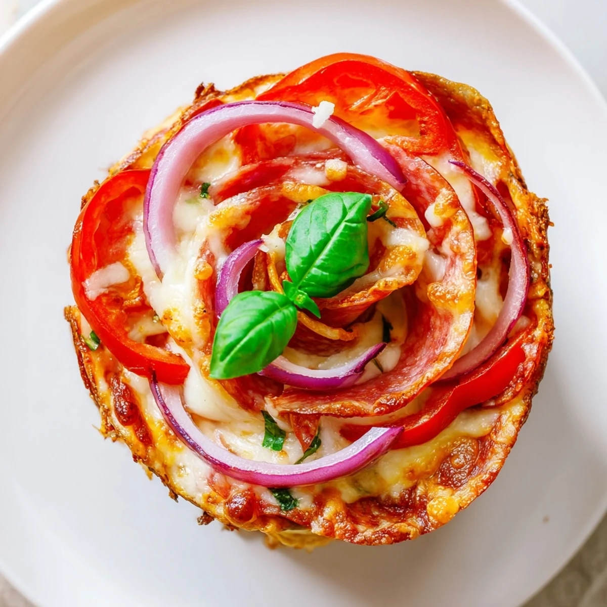 Golden easy pizza roses bubbling with melted cheese in a muffin tin, fresh basil garnish on top