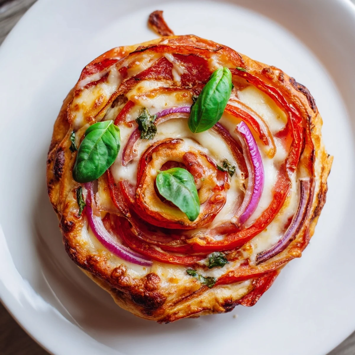 Rolled pizza dough roses stuffed with pepperoni and vegetables, baked until perfectly golden and crisp