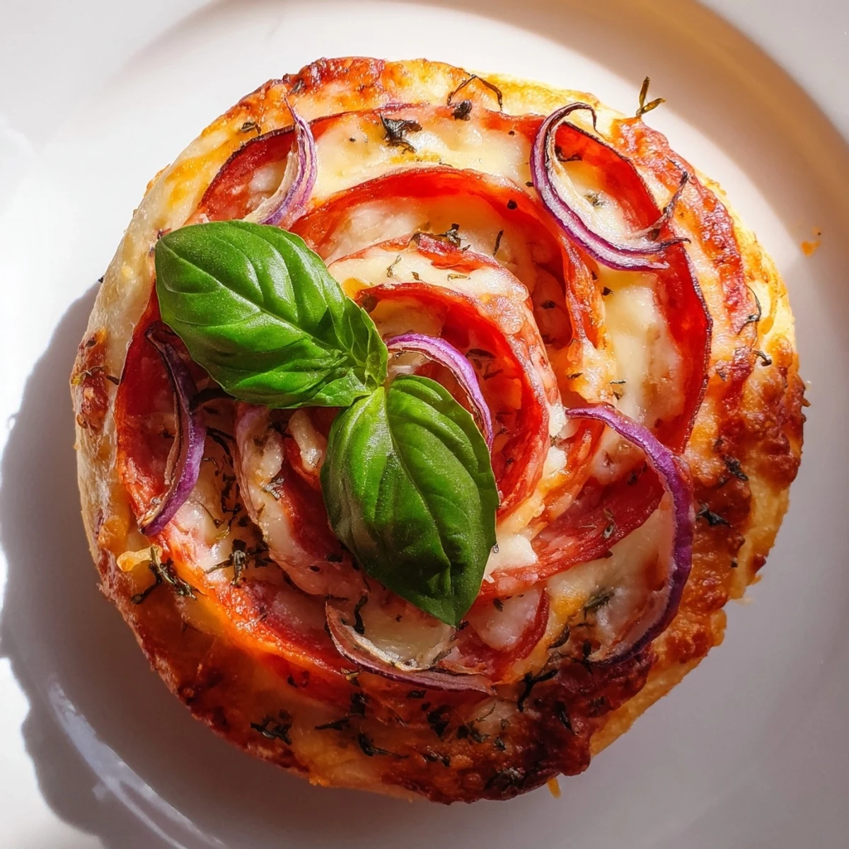 Flower-shaped easy pizza roses arranged in a pan, showcasing layers of sauce and gooey mozzarella cheese