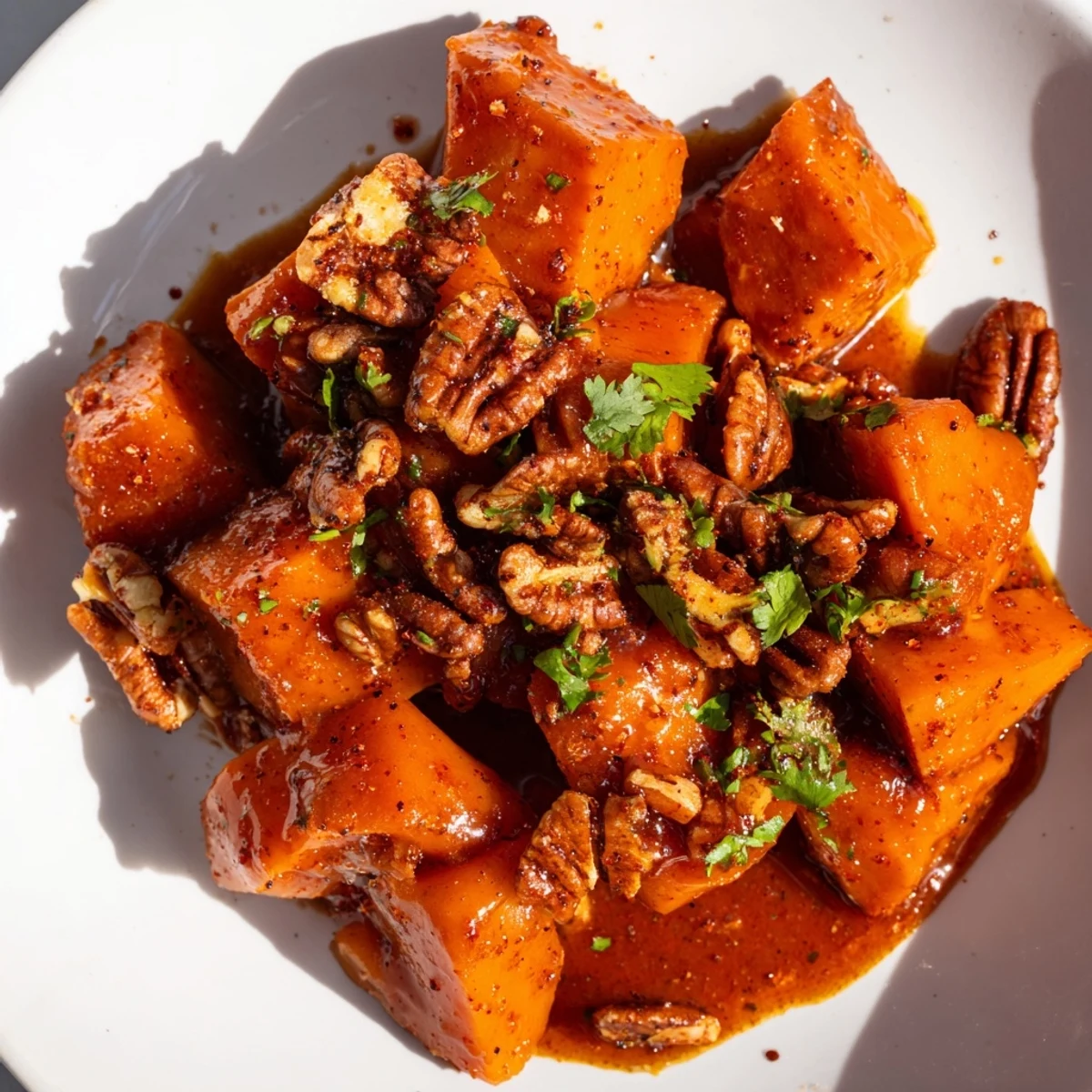 Golden braised sweet potatoes garnished with spicy roasted piri piri pecans and fresh herbs