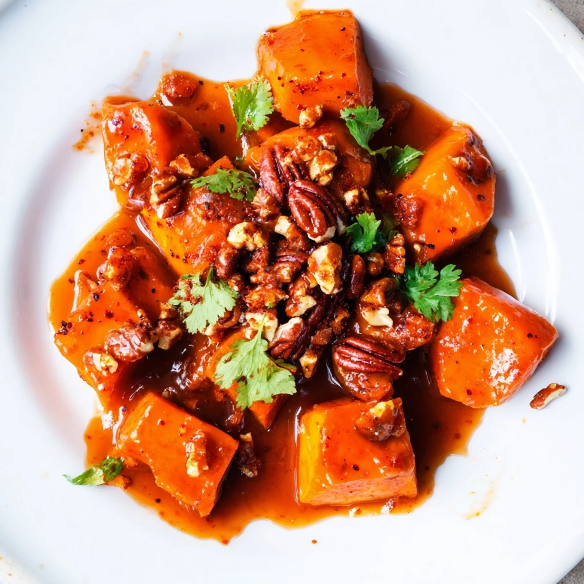 Tender glazed sweet potato cubes topped with crunchy seasoned pecans in a rich sauce