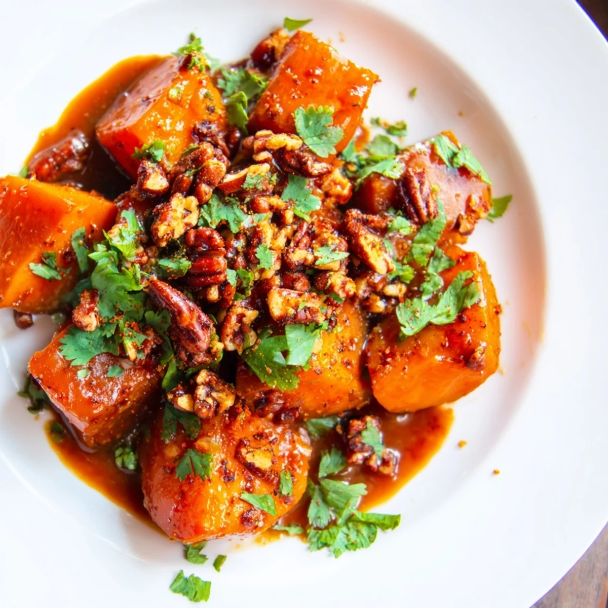 Oven-braised sweet potatoes simmered in aromatic spices finished with crispy spiced pecan topping