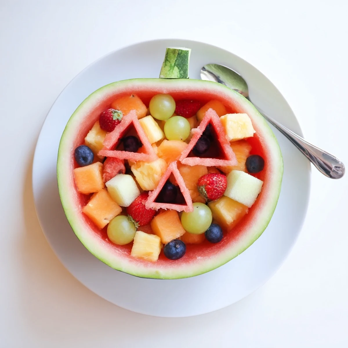 Carved watermelon jack o lantern bowl filled with colorful mixed fruit salad for Halloween parties
