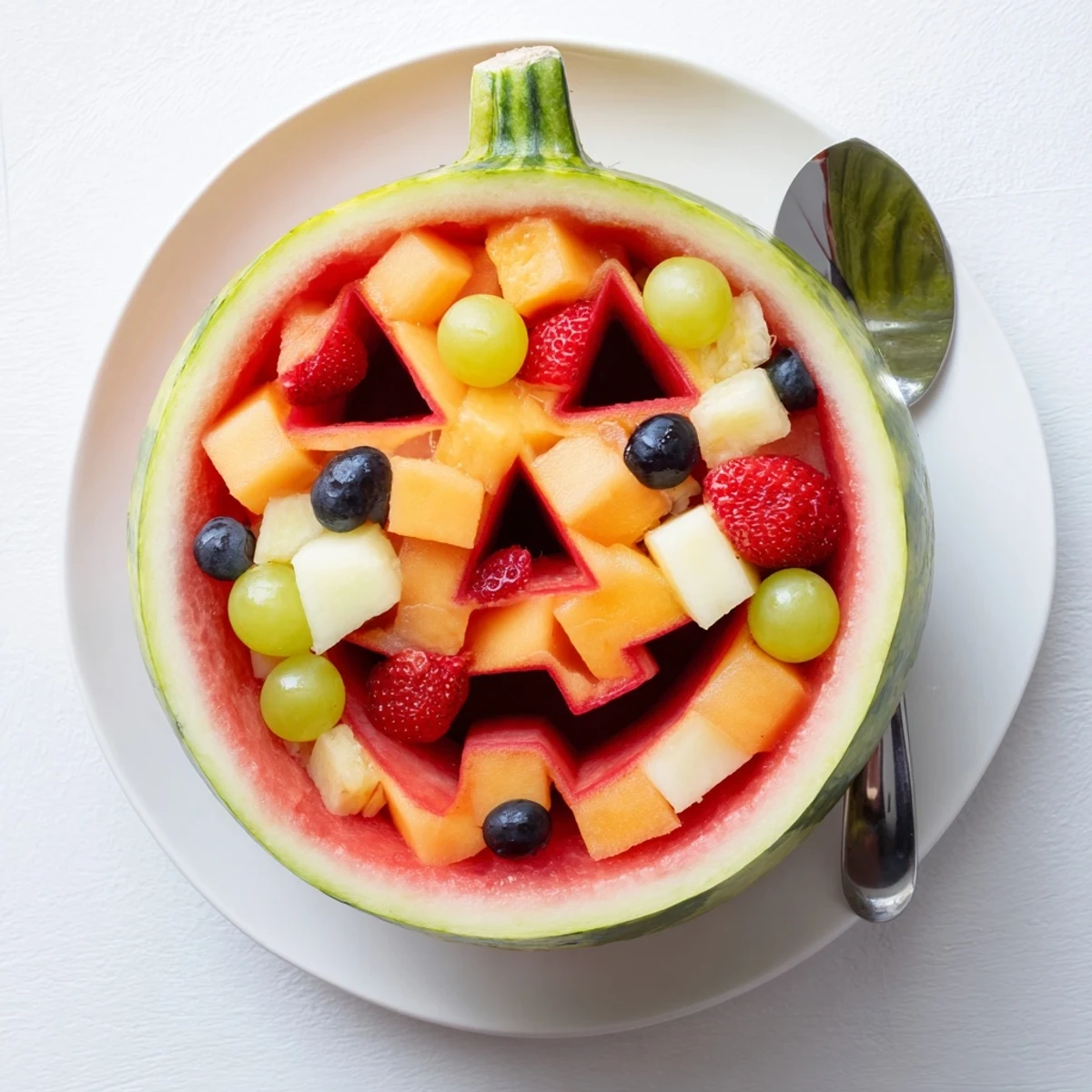 Fresh watermelon jack o lantern fruit salad featuring melon balls, berries, and pineapple on festive table
