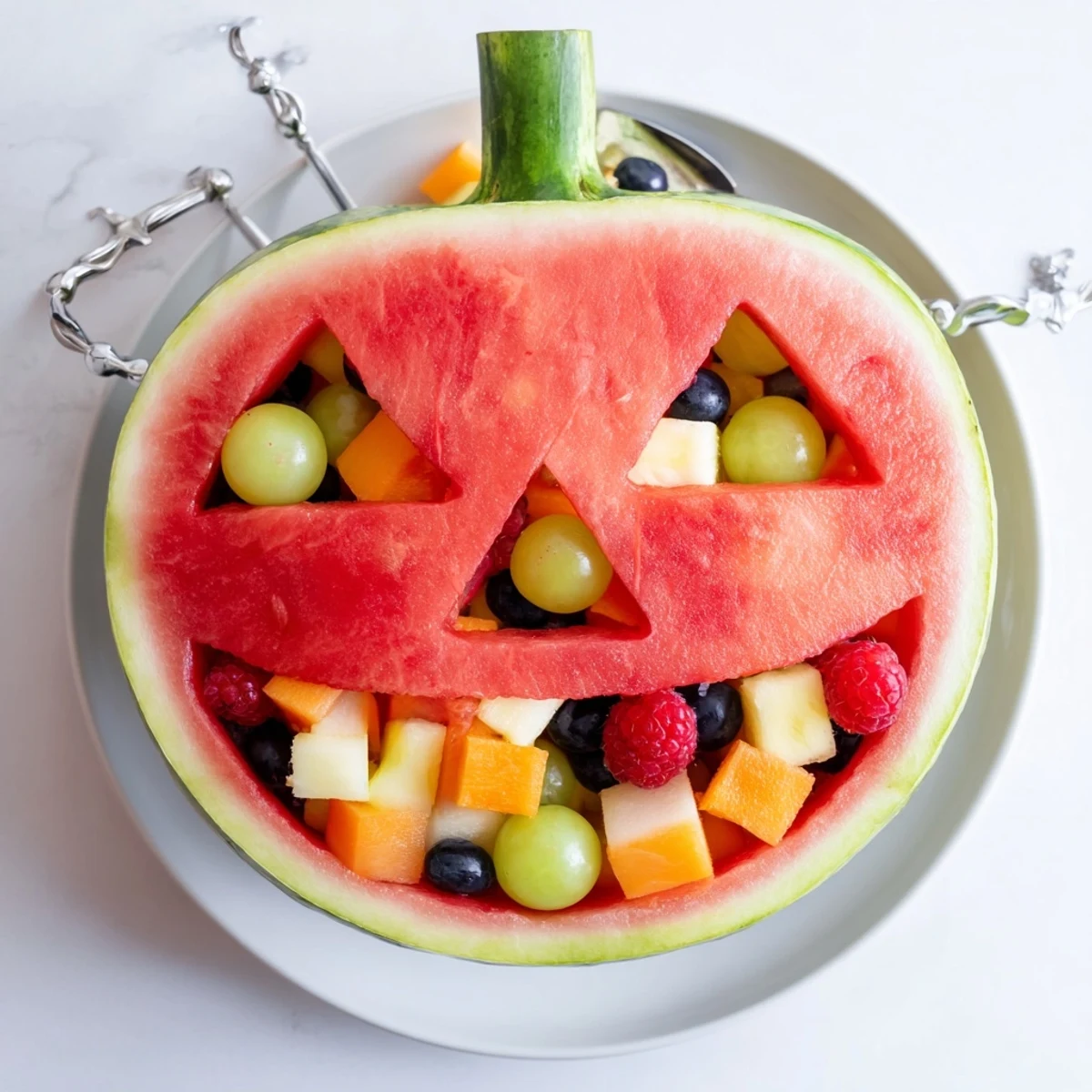 Whimsical watermelon jack o lantern container overflowing with vibrant fresh fruit salad perfect for summer gatherings