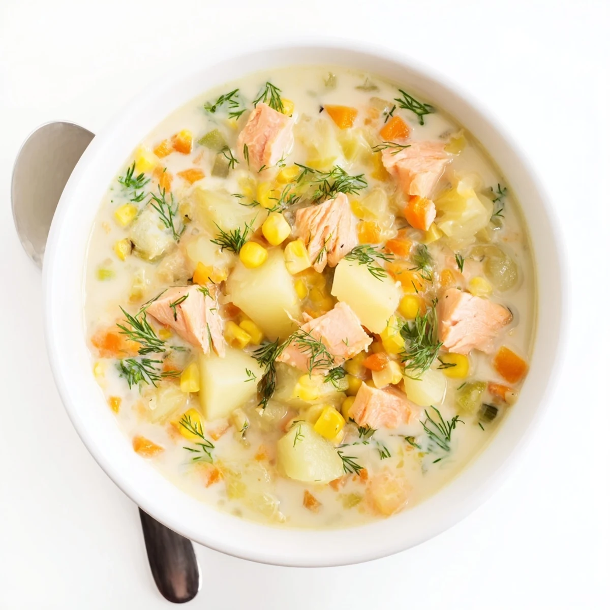Creamy smoked salmon chowder garnished with fresh dill in a rustic white bowl