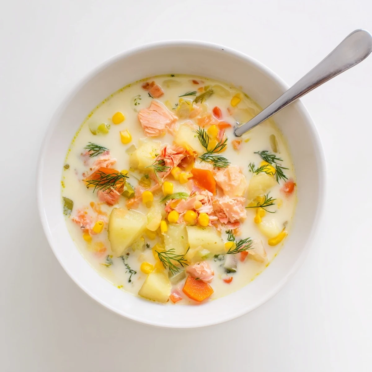 Golden smoked salmon chowder with tender potatoes and corn kernels, steaming hot