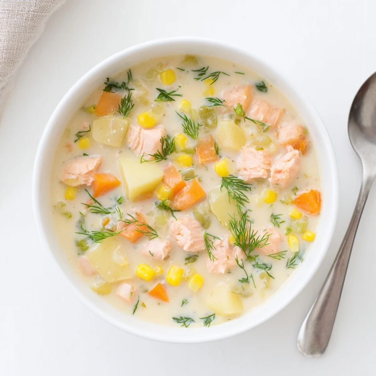 Comforting smoked salmon chowder served with crusty bread on a wooden table