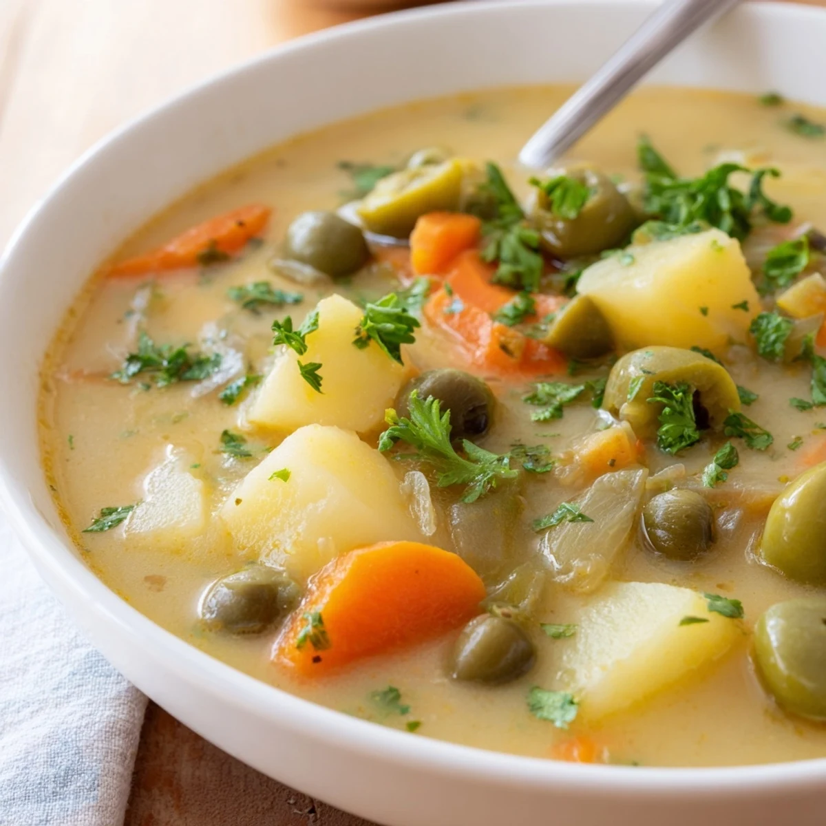 Creamy green olive soup garnished with fresh parsley in a white serving bowl.