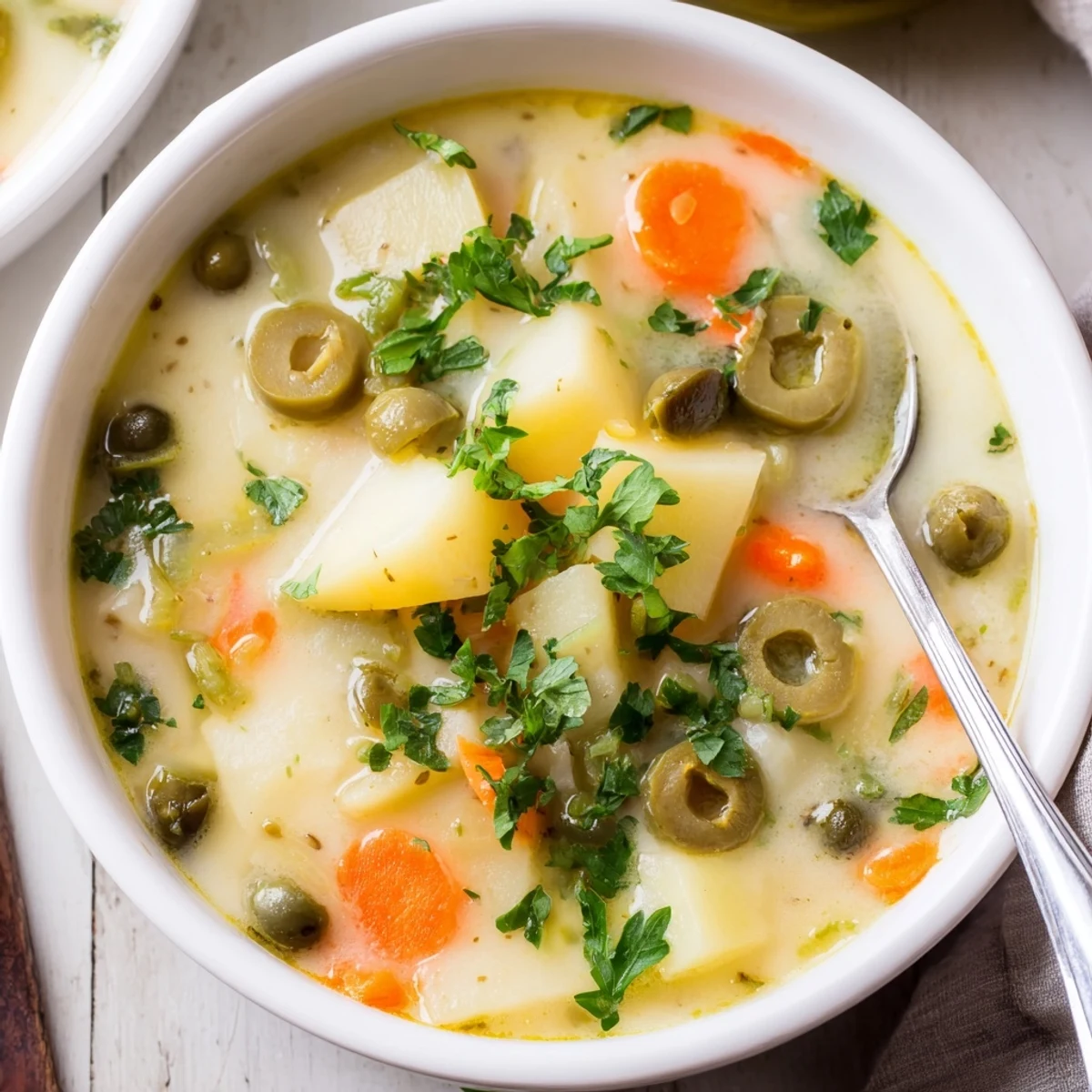 Vibrant Mediterranean green olive soup featuring tangy olives and smooth potato puree.