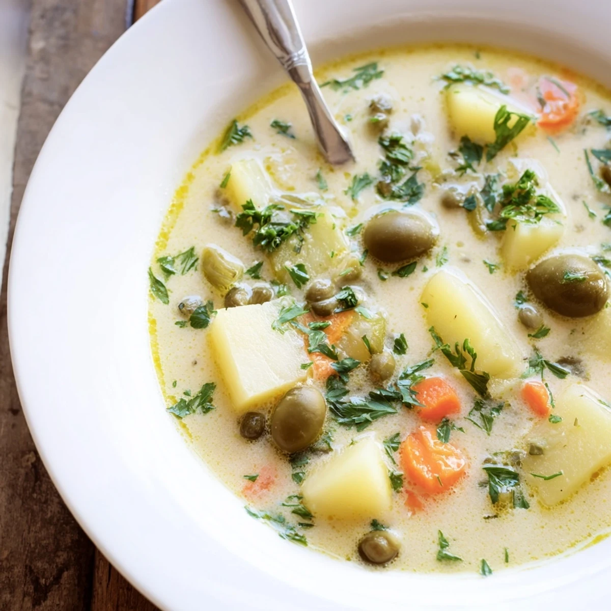 Steaming bowl of delicious green olive soup topped with chopped herbs and olives.