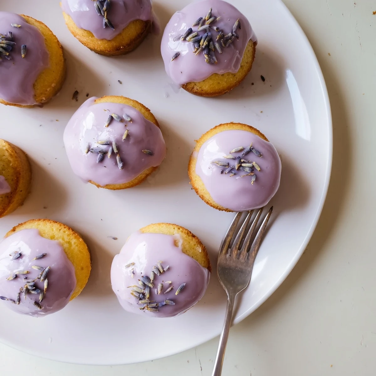 Small lemon desserts with creamy lavender glaze arranged on a decorative cake stand for afternoon tea