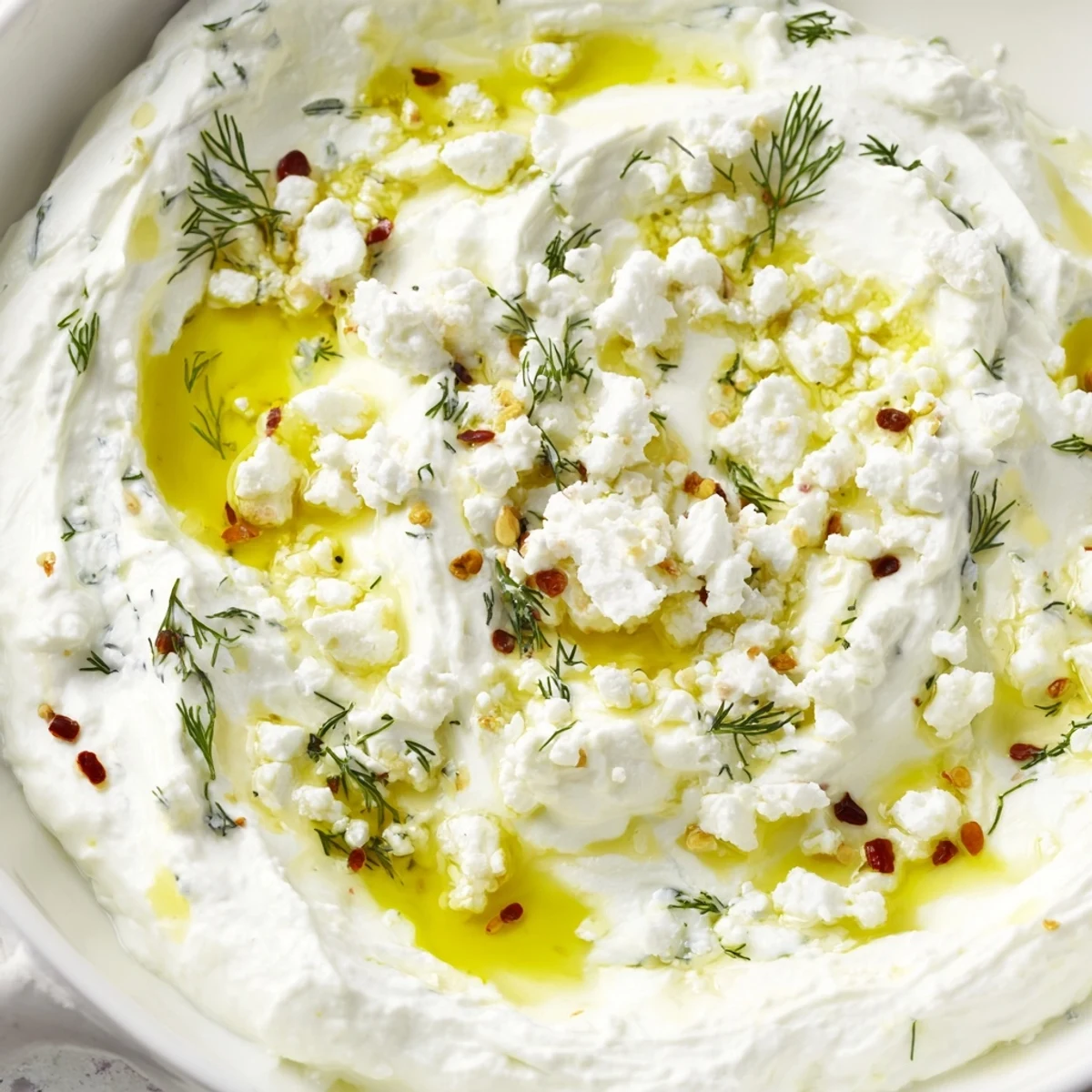 Creamy classic feta dip garnished with fresh herbs and olive oil, served with warm pita bread