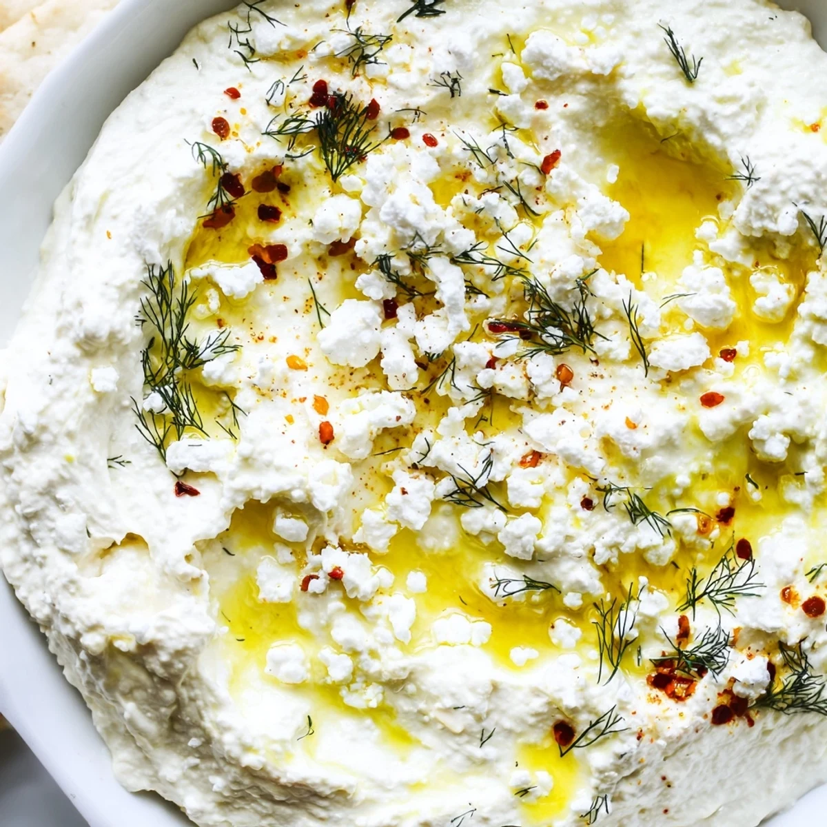 Smooth white classic feta dip in a rustic bowl topped with crumbled cheese and dill