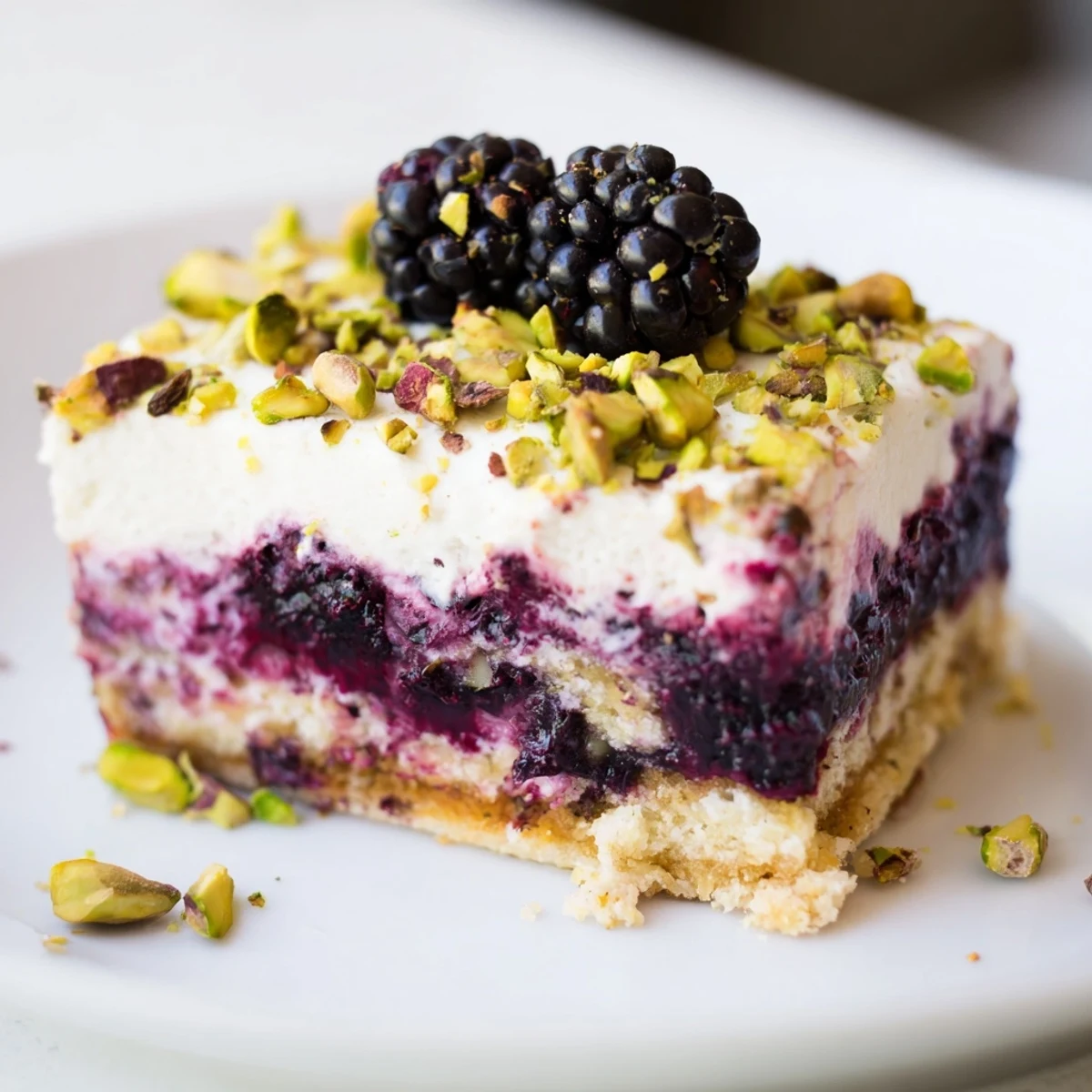 Golden square slice of Blackberry Pistachio Dream Bars with vibrant purple berry swirl and creamy white topping on a green-flecked buttery crust