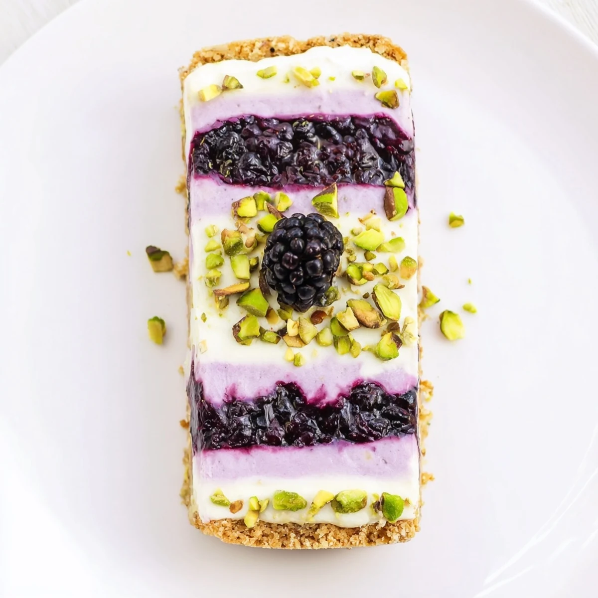 Chilled Blackberry Pistachio Dream Bars cut into neat rectangles, garnished with fresh whole blackberries and scattered chopped pistachios