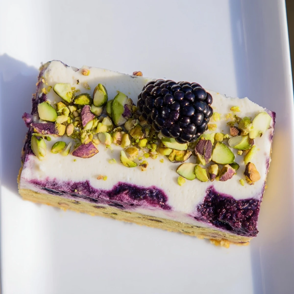 Three-tiered dessert bar showing pistachio shortbread base, tangy blackberry compote middle layer, and smooth cheesecake topping in cross-section view