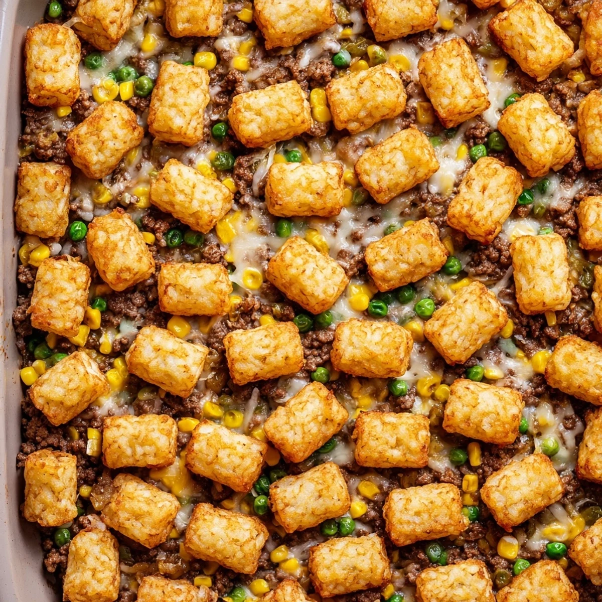 Golden brown tater tot casserole with savory ground beef and melted cheddar cheese in a baking dish