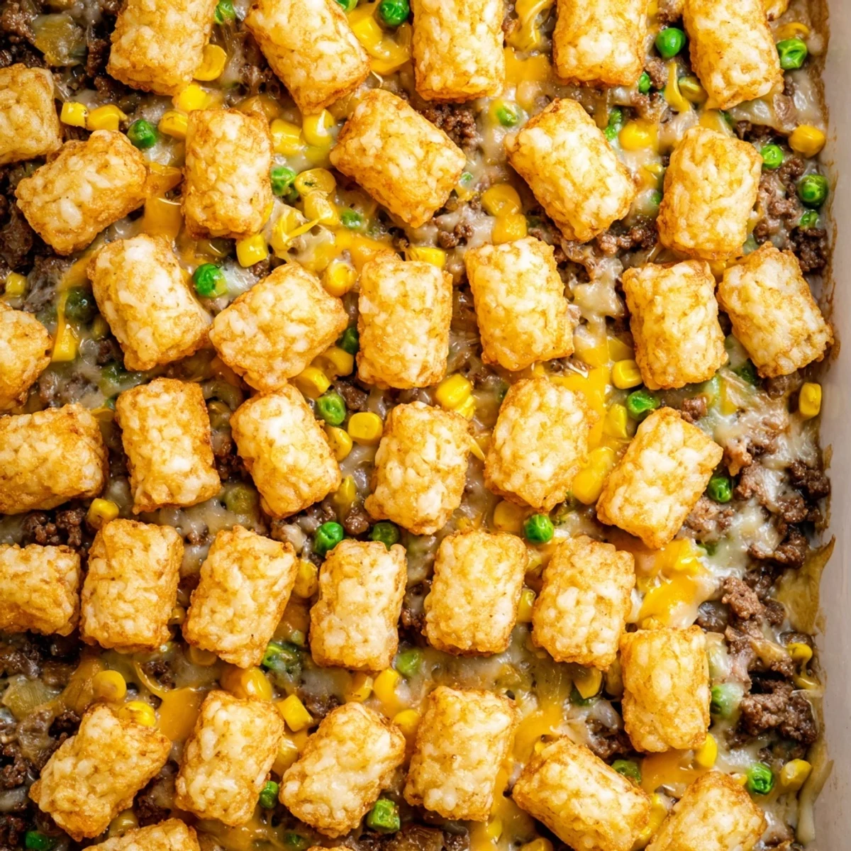 Comforting Midwest tater tot casserole featuring crispy potato crowns atop a creamy beef and vegetable filling