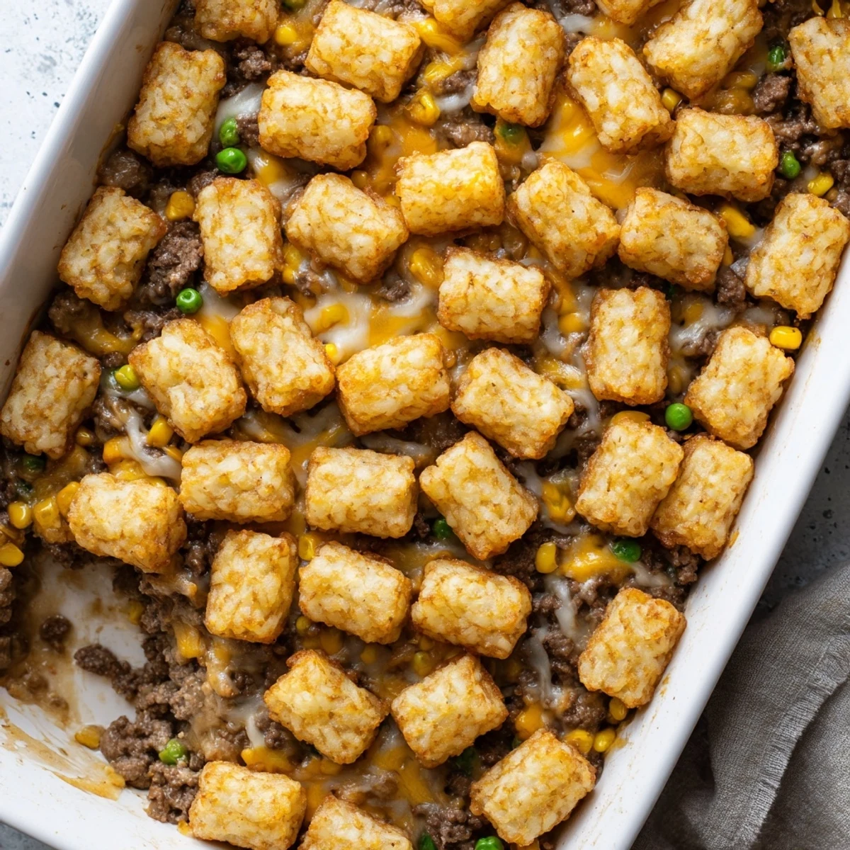 Hearty tater tot casserole baked until golden with seasoned ground beef corn and a layer of cheesy tater tots