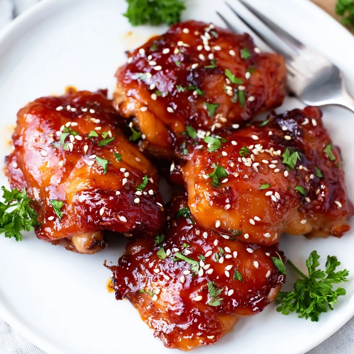 Golden honey garlic chicken glazed with sticky sauce beside caramelized roasted sweet potato cubes