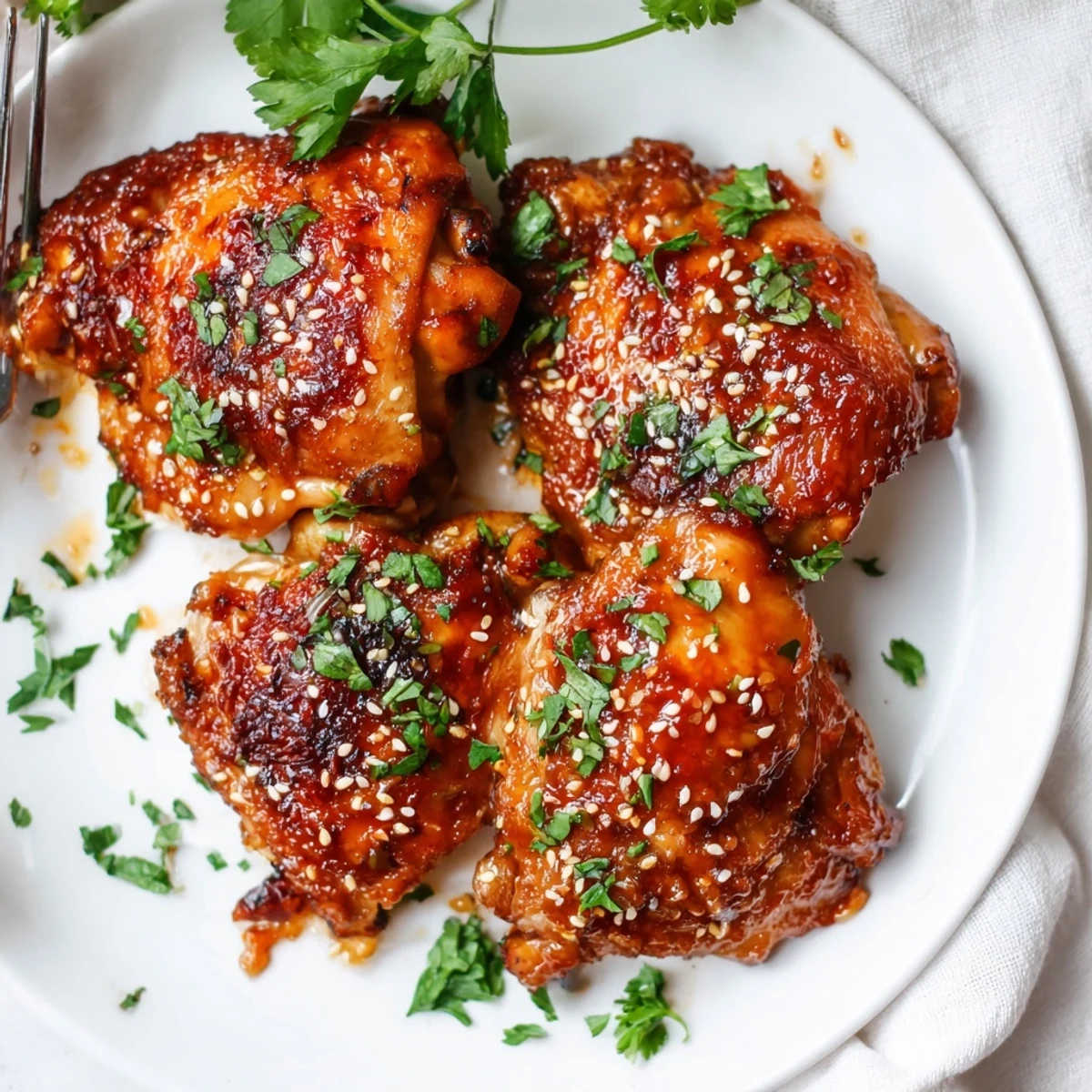 Tender honey garlic chicken thighs with glossy coating served with seasoned roasted sweet potatoes