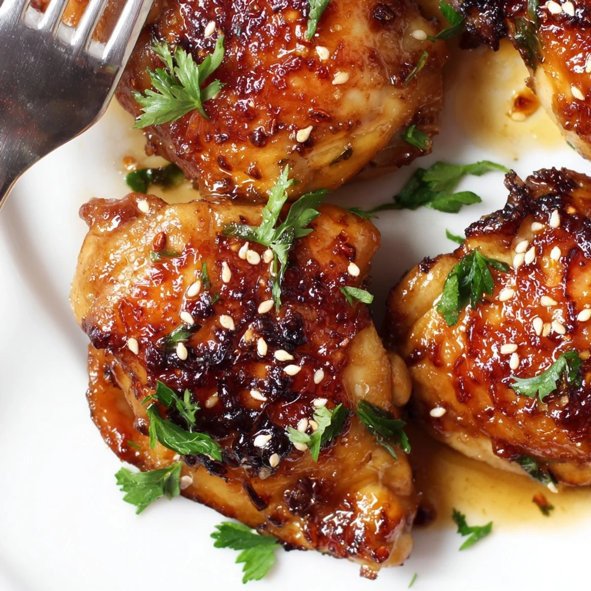 Weeknight dinner of honey garlic chicken plated alongside crispy paprika roasted sweet potato wedges