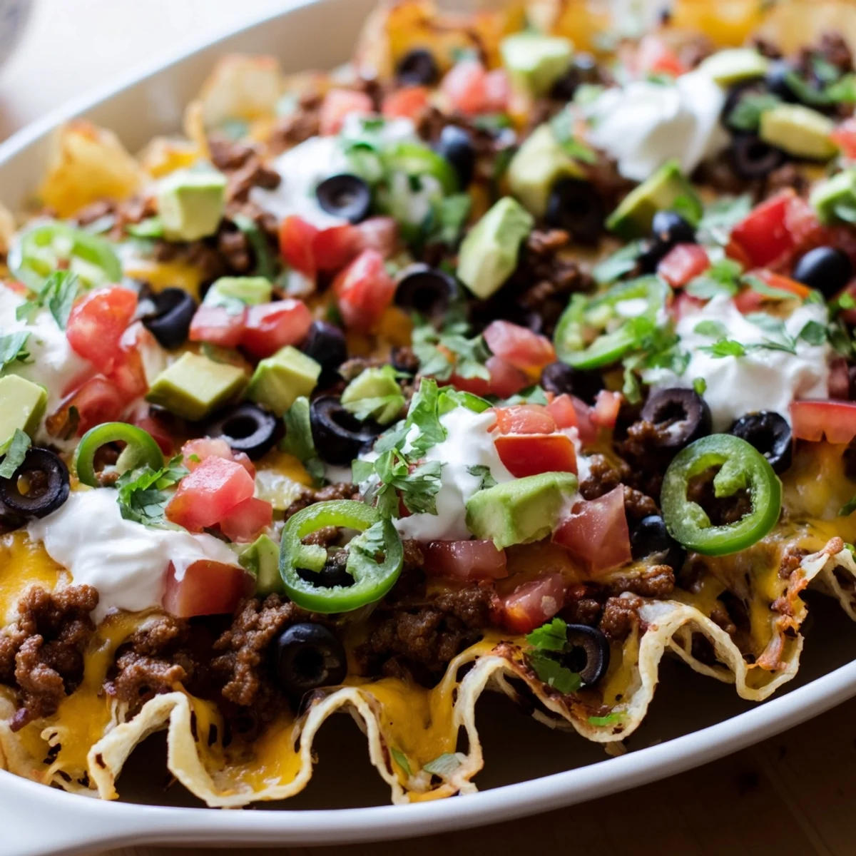 Circular tower of layered tortilla chips baked with seasoned beef and Monterey Jack