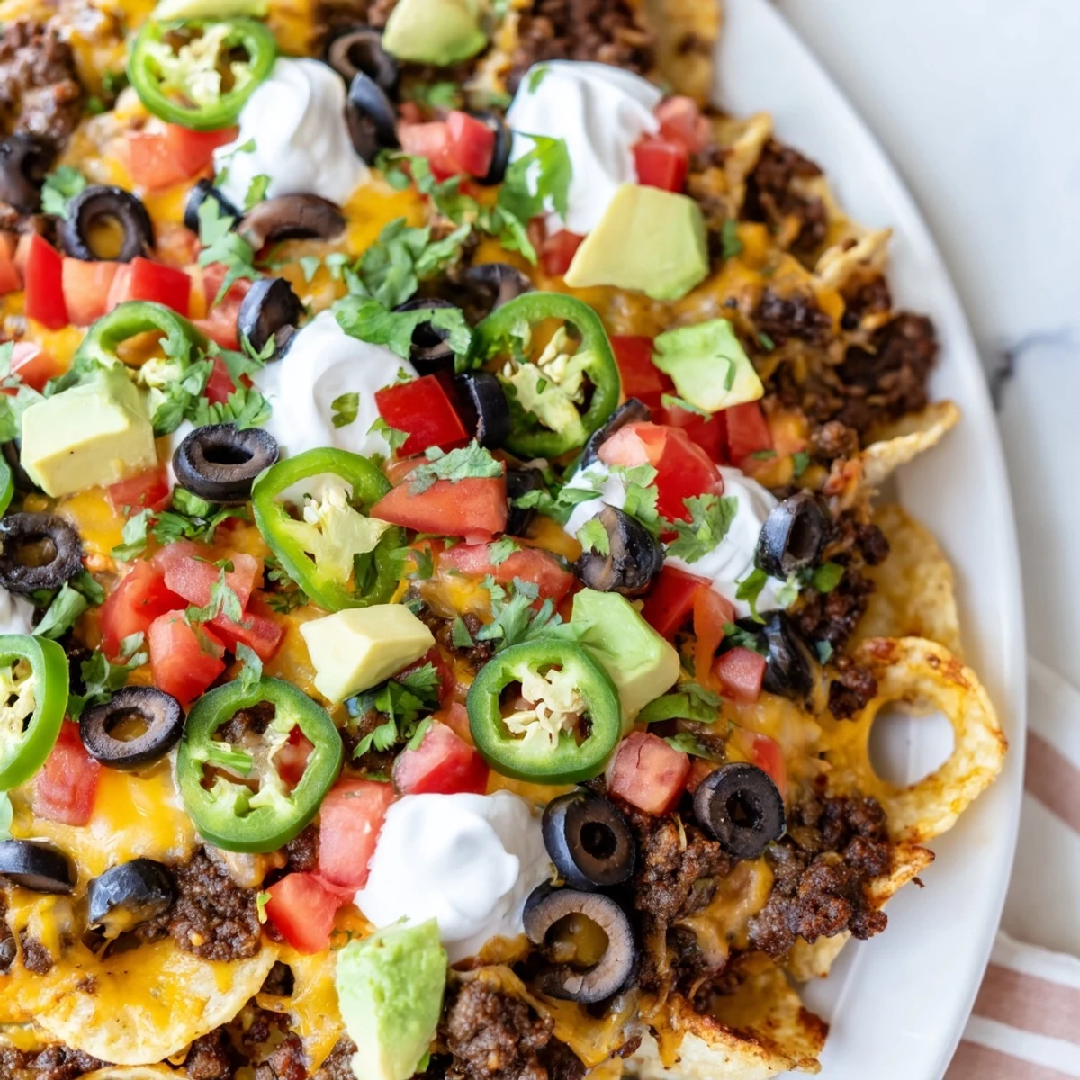 Ring-shaped appetizer piled high with cheese, beans, tomatoes and crisp tortilla chips