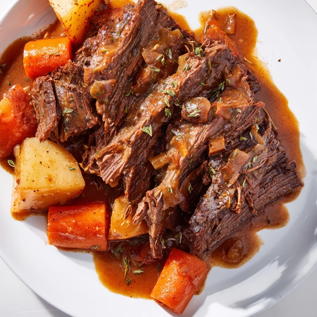 Golden Southern style pot roast with tender carrots and potatoes covered in rich brown gravy