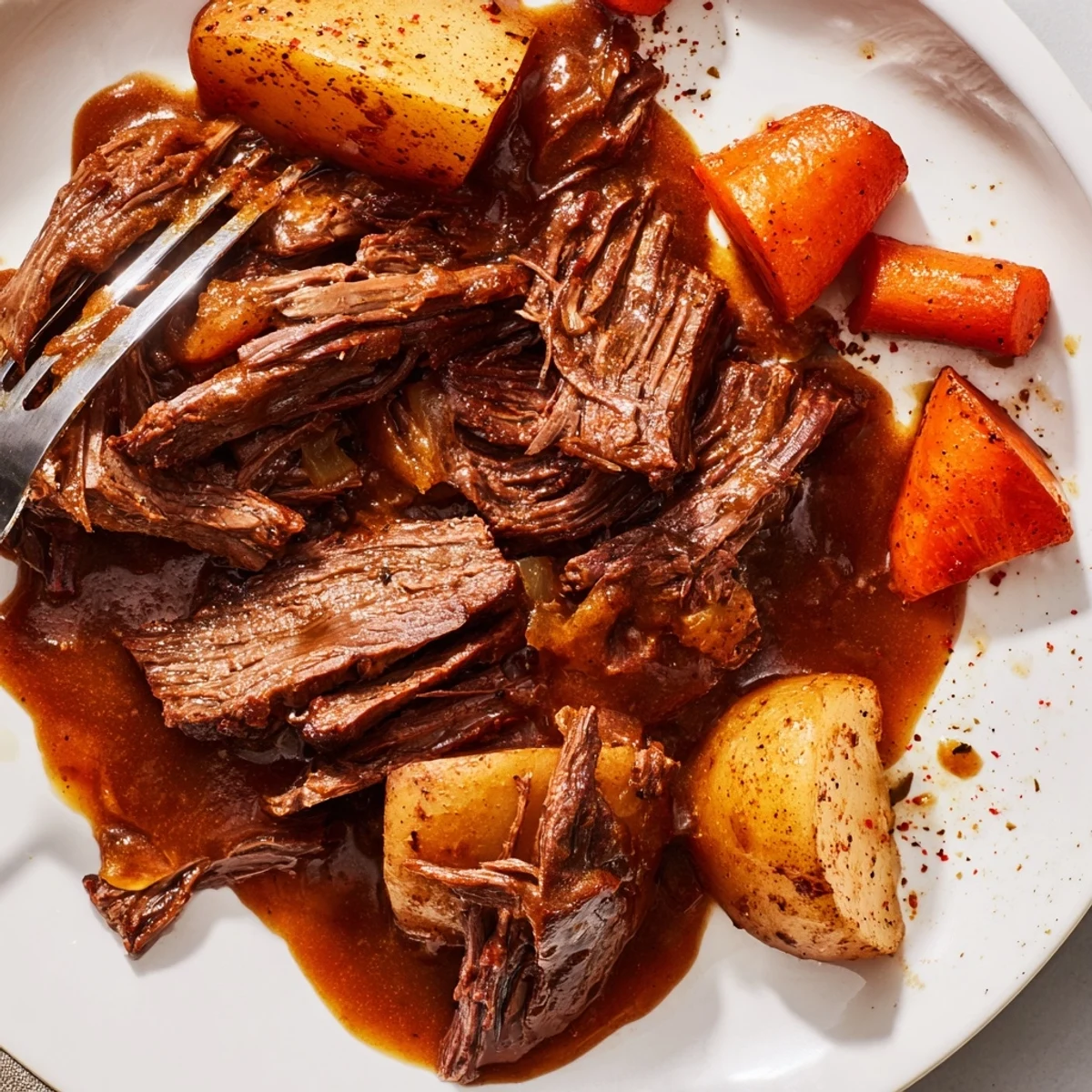 Fork-tender Southern style pot roast nestled alongside roasted vegetables in a dark glossy sauce
