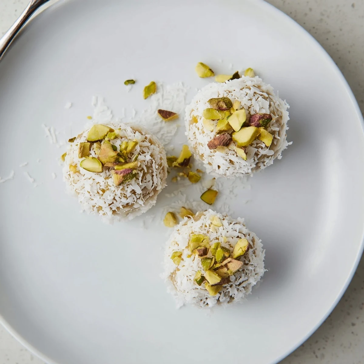 Creamy white chocolate mango truffles garnished with coconut and pistachios on a marble serving board