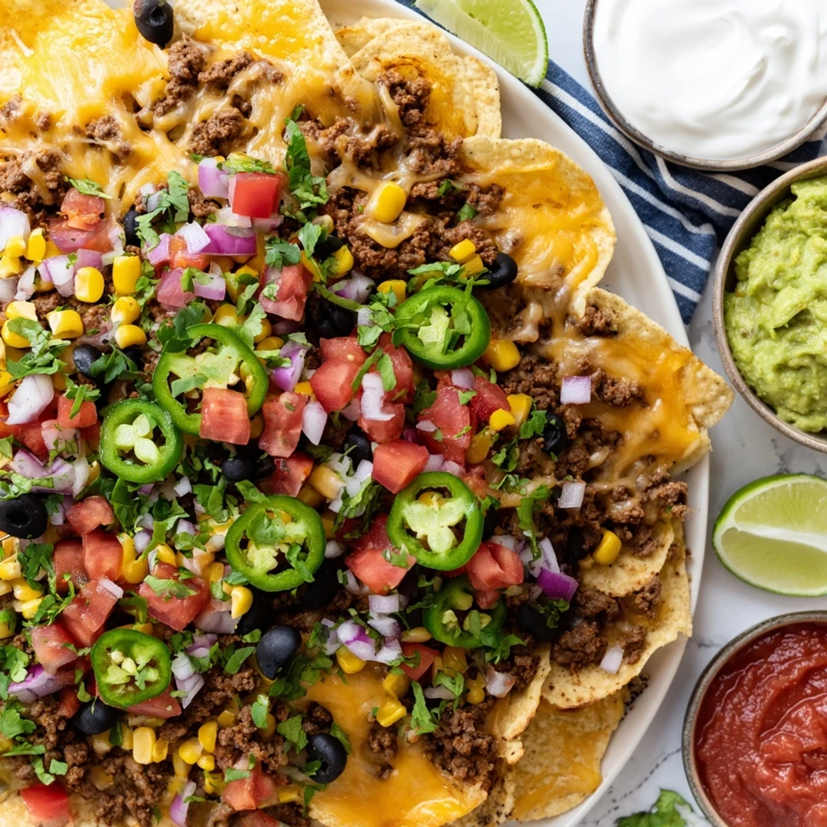 Crispy tortilla chips baked in a ring shape with layered cheese and seasoned ground beef