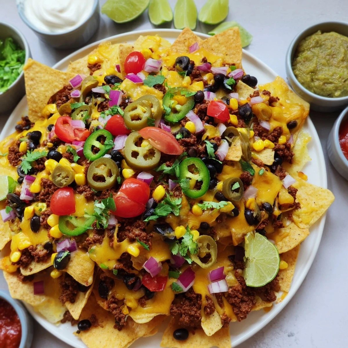 Party-ready Bundt pan nachos drizzled with sour cream, guacamole, and vibrant cilantro garnish
