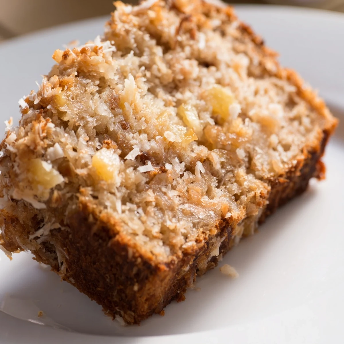 Golden coconut pineapple banana bread loaf with toasted coconut topping on a white plate