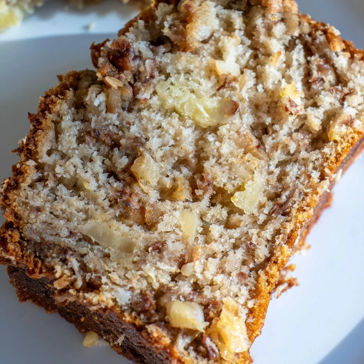 Moist tropical banana bread studded with pineapple chunks and shredded coconut, freshly sliced