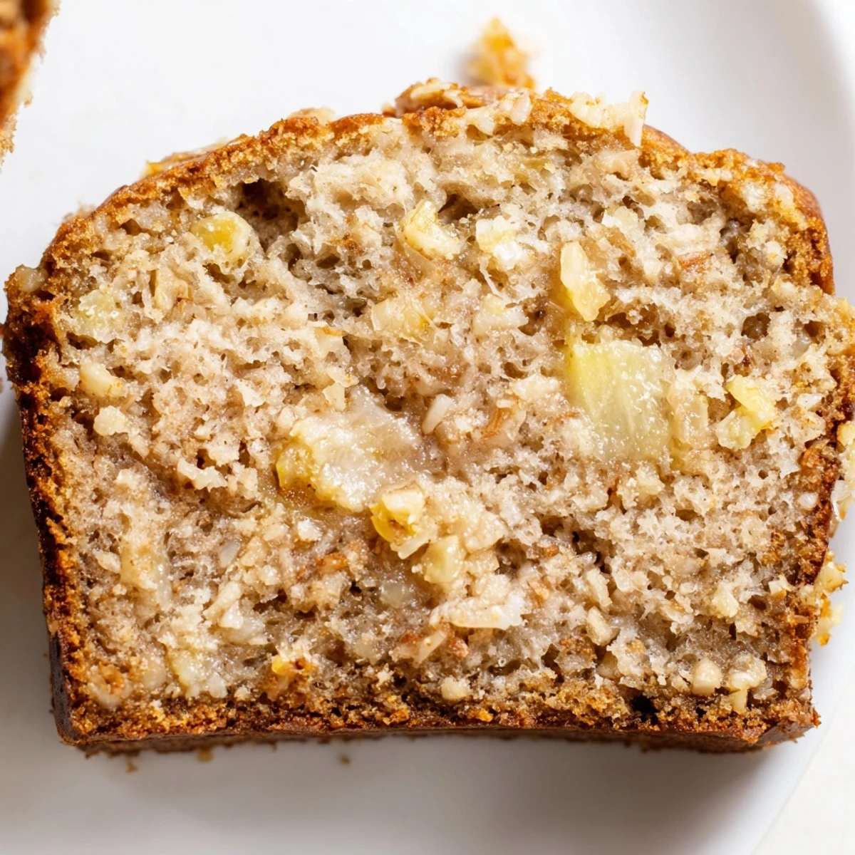 Slice of warm coconut pineapple banana bread served with coffee on a wooden board