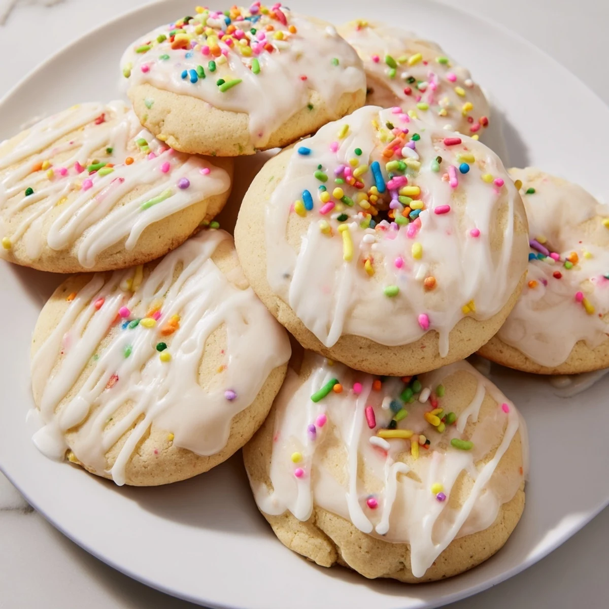 Soft Italian Easter cookies topped with white icing and colorful pastel sprinkles on a white plate