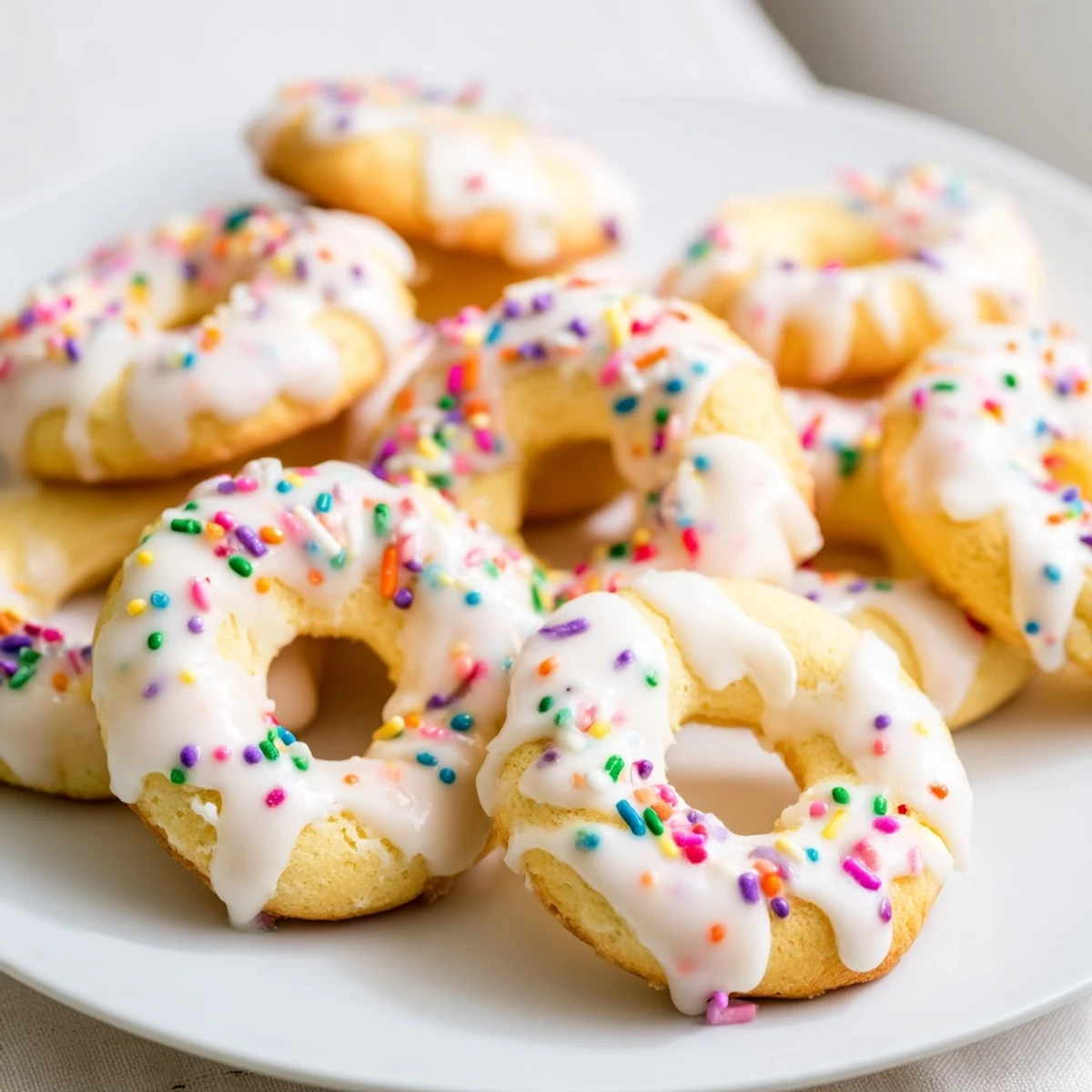 Ring-shaped Italian Easter cookies with sweet lemon glaze and vibrant confetti decorations arranged for serving