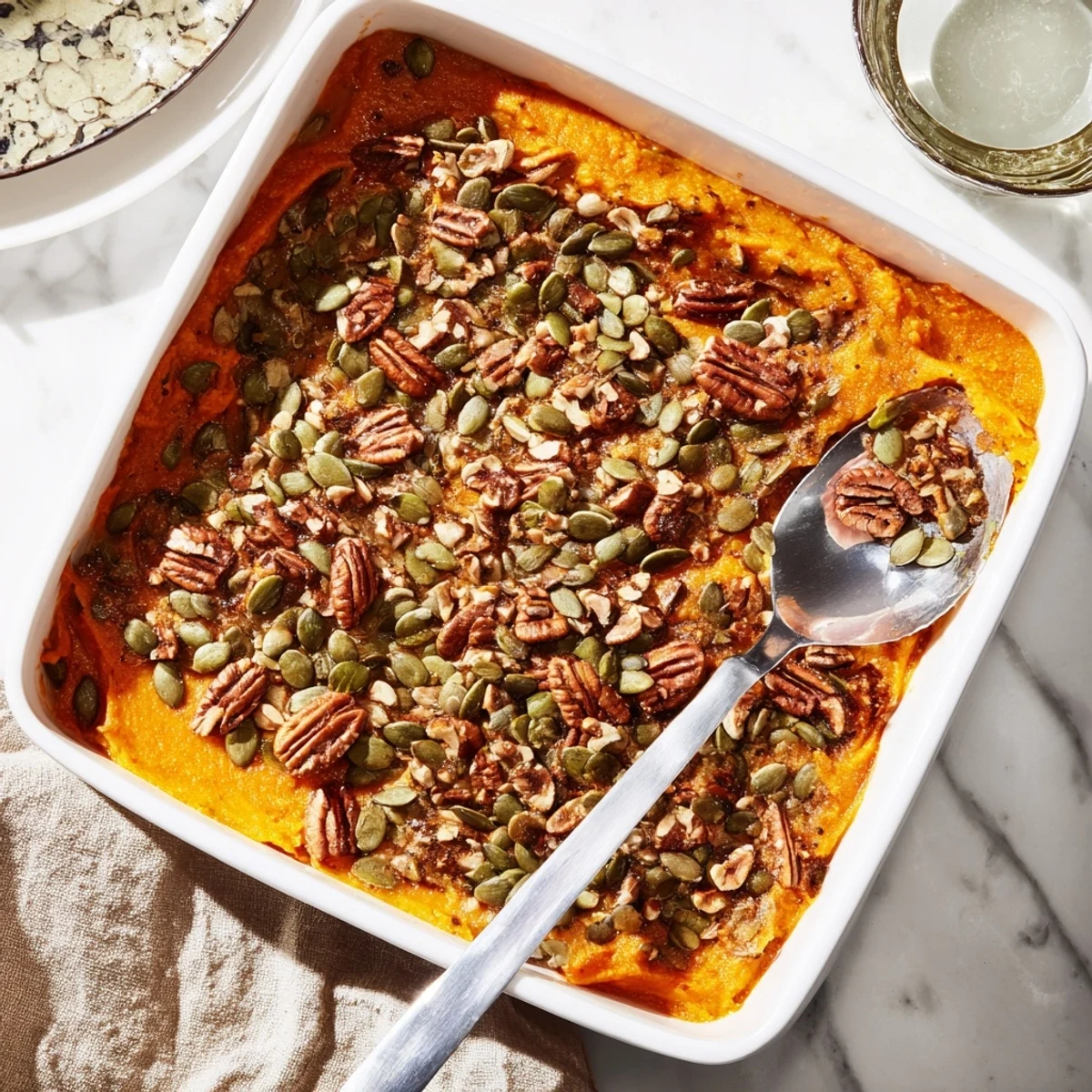 Creamy spiced pumpkin and cottage cheese breakfast bake fresh from the oven with cinnamon aroma