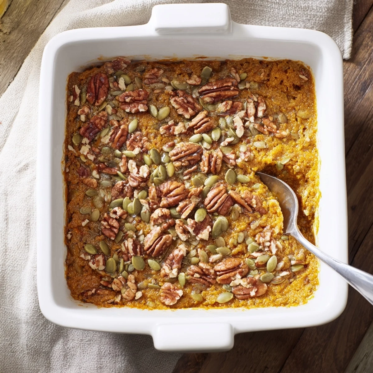 Golden high protein cottage cheese pumpkin bake topped with crunchy pecans and pumpkin seeds