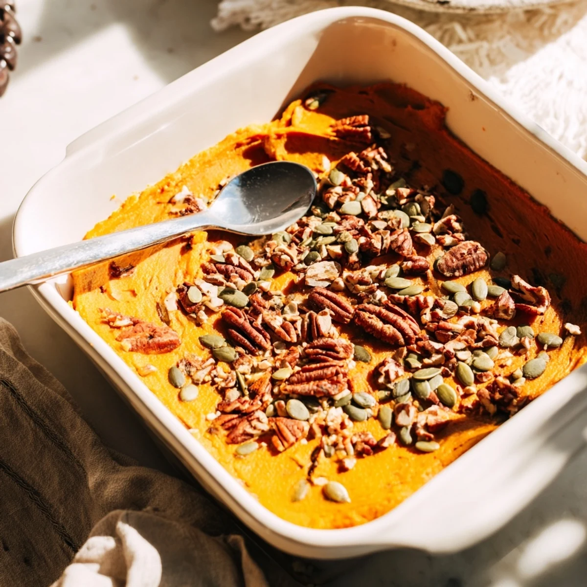 Warm gluten-free pumpkin bake with cottage cheese and nuts, perfect protein-packed breakfast or snack