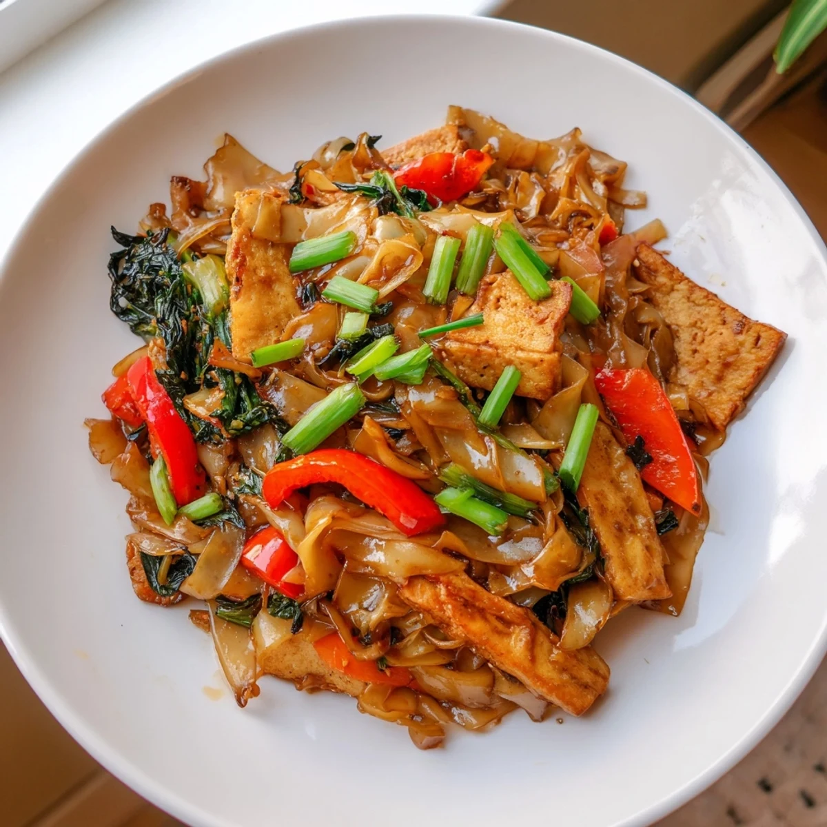 Close-up of vegan Pad See Ew with wide noodles coated in dark soy sauce and fresh vegetables