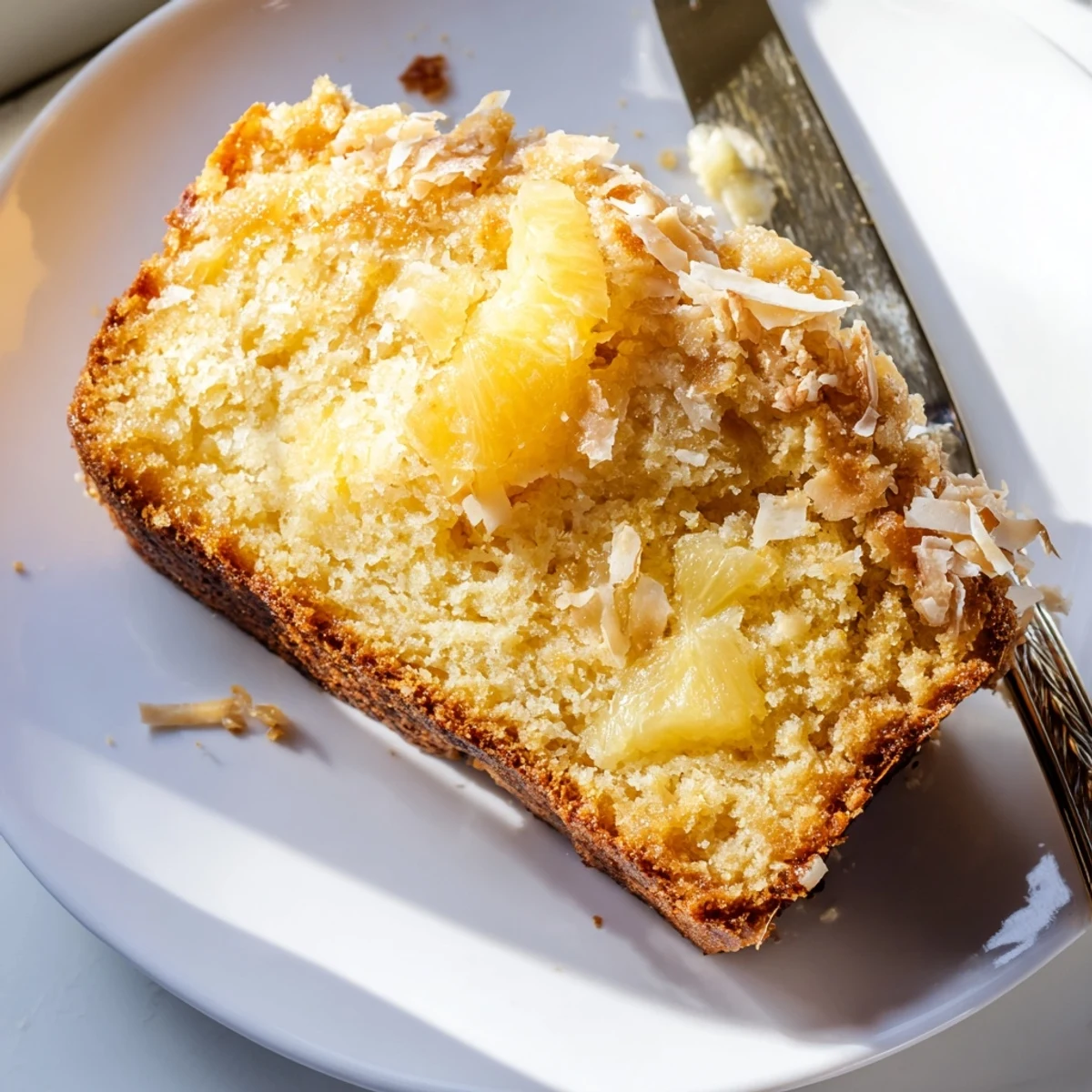 Golden slice of cozy pineapple coconut bread topped with sweet shredded coconut