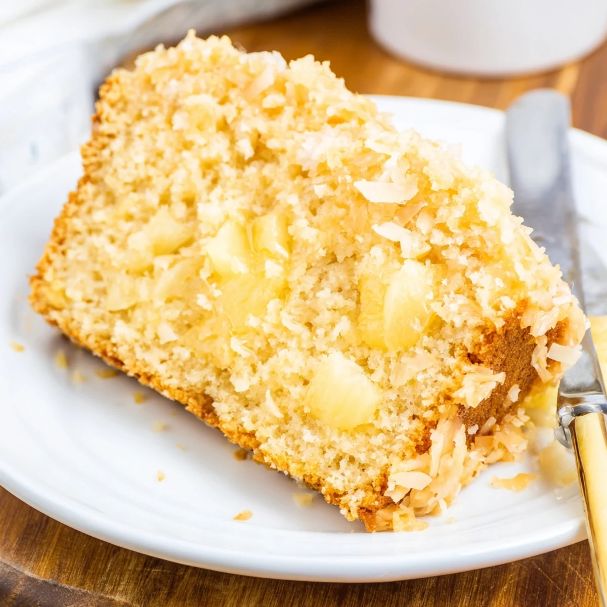 Moist tropical quick bread studded with juicy crushed pineapple and toasted coconut flakes