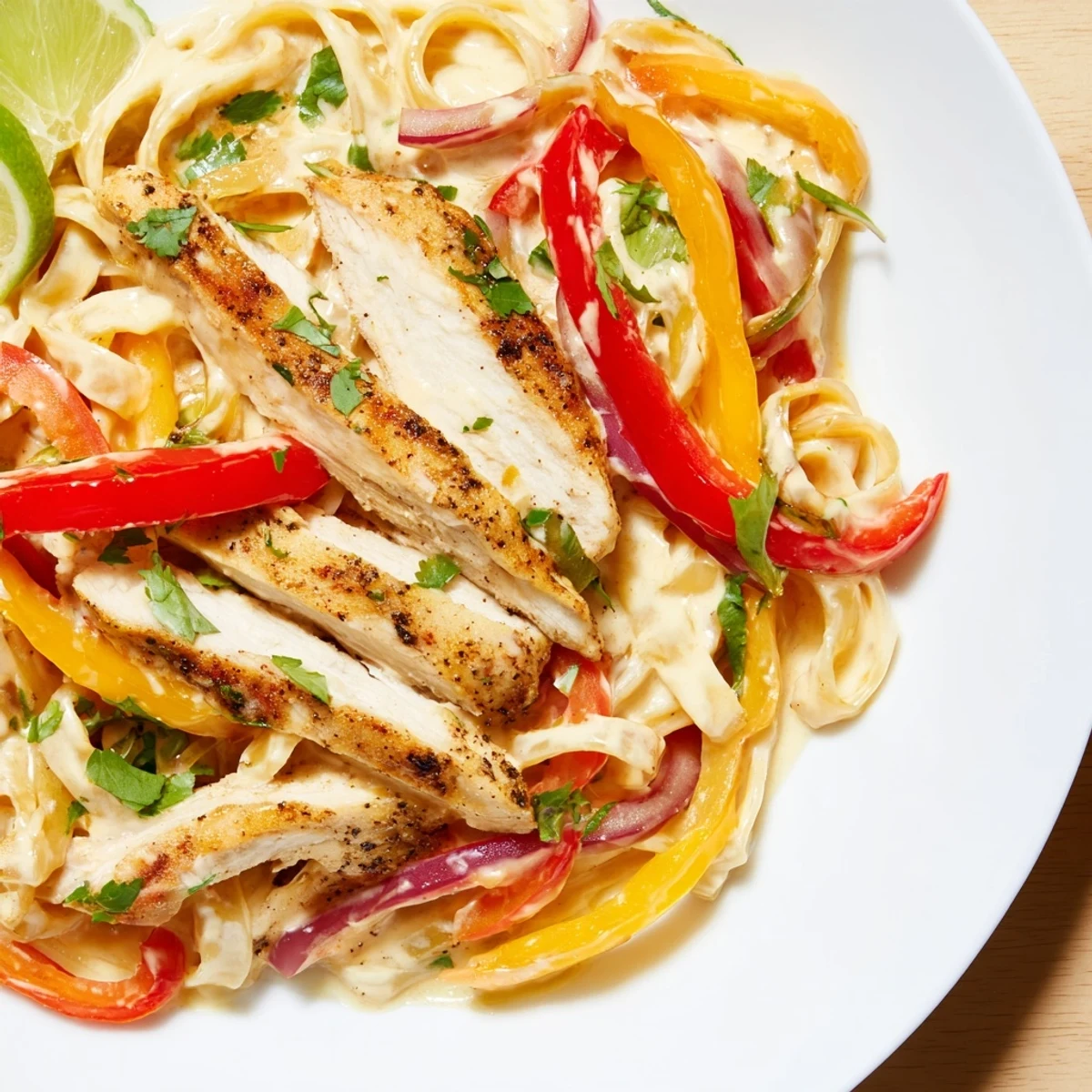 Creamy Southwest chicken Alfredo pasta featuring sliced seasoned chicken, colorful peppers, and cilantro garnish