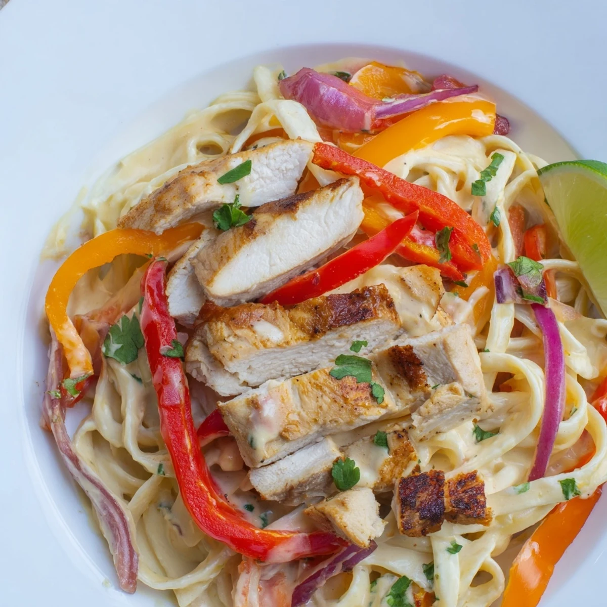 Sizzling skillet of Southwest chicken Alfredo with smoky spices, melted Parmesan, and vibrant bell peppers